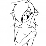 anthro bangs big_breasts breasts emo_haircut facial_markings female hair hair_over_eye head_markings long_hair looking_at_viewer markings nude one_eye_obstructed sad smile solo utaurule unknown_species 1:1 black_and_white line_art monochrome