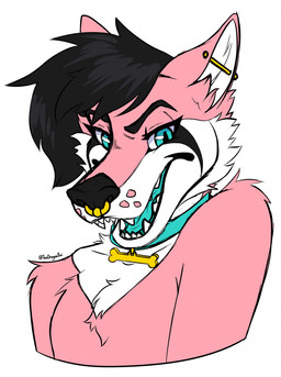 anthro black_eyebrows black_hair black_nose blue_collar blue_eyes blue_tongue bone_tag collar collar_tag ear_piercing eyebrows facial_piercing female fur hair inner_ear_fluff looking_at_viewer multicolored_body multicolored_fur nose_piercing nose_ring open_mouth piercing pink_body pink_fur pink_inner_ear_fluff ring_piercing sharp_teeth simple_background solo teeth tongue tuft wearing_collar white_background greenteadragonboi canid canine canis domestic_dog mammal hi_res portrait