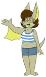 2_toes 3_toes 4_fingers anthro barefoot bat_ears bat_wings big_ears biped black_eyebrows black_eyes black_eyewear black_glasses blue_bottomwear blue_clothing blue_piercing blue_skirt bottomwear breasts brown_hair buckteeth button_skirt cheek_tuft clothed clothed_anthro clothed_female clothing denim denim_bottomwear denim_clothing denim_skirt eyebrow_through_hair eyebrows eyelashes eyewear facial_tuft feet female female_anthro fingers freckles fur fur_tuft gesture glasses hair looking_at_viewer membrane_(anatomy) membranous_wings midriff navel open_mouth open_smile pattern_clothing pattern_shirt pattern_tank_top pattern_topwear piercing prick_ears round_glasses shirt simple_eyes skirt smile solo striped_clothing striped_shirt striped_tank_top striped_topwear stripes stud_piercing tail tan_body tan_ears tan_fur tan_tail tan_tuft tank_top teeth toes tongue tongue_piercing topwear translucent translucent_hair tuft waving waving_at_viewer white_clothing white_shirt white_tank_top white_topwear wings yellow_freckles yellow_inner_ear yellow_membrane yellow_mouth yellow_nose yellow_tongue chokovit_(artist) melodie_plantain bat mammal megabat 2019 absurd_res colored digital_drawing_(artwork) digital_media_(artwork) full-length_portrait hi_res portrait