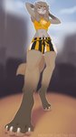 4_toes anthro barefoot biped black_eyebrows blurred_background bottomwear breasts brown_body brown_fur brown_hair brown_tail claws clenched_teeth clothed clothed_anthro clothed_female clothing cloud crop_top digitigrade ear_piercing eyebrows feet female female_anthro front_view fully_clothed fully_clothed_anthro fully_clothed_female fur fur_markings gloves_(marking) grey_body grey_eyes grey_fur grin grinning_at_viewer hair hotpants leg_markings looking_at_viewer looking_down looking_down_at_viewer low-angle_view markings midriff multicolored_body multicolored_fur narrowed_eyes navel outside piercing raised_arms shirt shorts sky smile smiling_at_viewer socks_(marking) solo standing tail teeth toe_claws toes topwear white_claws white_sclera monstercheetah hyena mammal 2024 artist_name dated digital_media_(artwork) full-length_portrait hi_res portrait