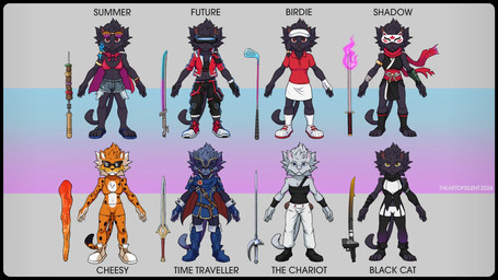 a-pose alternate_costume animal_mask anthro armor bikini bikini_top blue_body blue_fur bottomwear breasts cape cheeto clothed clothing collared_shirt cosplay crossover_cosplay cyberpunk eyewear eyewear_on_head female food footwear fox_mask fur fur_tuft golf_club hair hat headgear headwear hotpants improvised_weapon jacket katana kebab looking_at_viewer markings mascot mask melee_weapon orange_body orange_fur paws polo_shirt rapier red_eyes sandals scarf shirt shoes shorts simple_background skewer skewered_food skirt sneakers solo spots spotted_body sunglasses sunglasses_on_head swimwear sword t-pose tail text topwear tuft two-piece_swimsuit visor visor_cap weapon wearing_sunglasses white_body white_fur theartofsilent cheetos fire_emblem fire_emblem_awakening jojo's_bizarre_adventure nintendo rivals_of_aether rooster_teeth rwby blake_belladonna chester_cheetah clairen_(rivals_of_aether) jean_pierre_polnareff lucina_(fire_emblem) cheetah felid feline leopard mammal pantherine 2024 crossover digital_media_(artwork) hi_res model_sheet