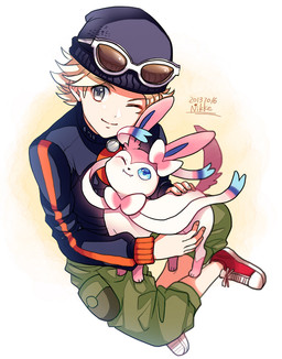 alternate_costume ambiguous_gender biped blonde_hair blue_eyes duo feral hair hand_on_butt larger_human leg_grab looking_at_another looking_at_partner looking_at_viewer male on_lap one_eye_closed personal_grooming petting quadruped raised_tail ribbons simple_background sitting sitting_on_ground size_difference smaller_feral smile smiling_at_viewer social_grooming standing tail three-quarter_view wink winking_at_partner winking_at_viewer year 2k_nikke nintendo pokemon calem_(pokemon) eeveelution generation_6_pokemon human mammal pokemon_(species) sylveon 2013 dated digital_drawing_(artwork) digital_media_(artwork) signature