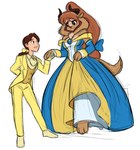 anthro barefoot beast_(disney) beauty_and_the_beast belle_(beauty_and_the_beast) big_breasts breasts cleavage clothed clothing crossgender disney duo eye_contact feet female ftm_crossgender gown hand_holding horn human looking_at_another male mammal monster mtf_crossgender simple_background smiling_at_each_other standing suit toes unknown_artist white_background