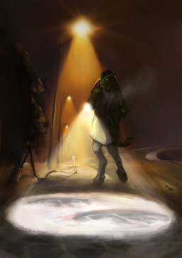 anthro black_hair boots bottomwear claws clothed clothing coat digitigrade flashlight footwear green_body hair legwear lizard_tail male outside pants plant shoes sickle_claw solo street street_lamp tail tapering_tail toe_claws topwear tree yellow_eyes elysianaut leo_(maaarked_one) durachev lizard reptile scalie digital_media_(artwork) hi_res