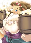 anthro beer_mug beverage big_breasts biped blue_eyes blush bodily_fluids body_blush bottomwear breast_blush breasts brown_body brown_fur chest_tuft cleavage clothed clothing dirndl female flower_hair_accessory fluffy fluffy_tail foam frilly frilly_clothing fur holding_alcohol holding_beer holding_beverage holding_object huge_breasts laced_topwear multi_breast multicolored_body multicolored_clothing multicolored_fur open_mouth serving_alcohol simple_background skirt slightly_chubby solo supernumerary_breasts sweat tail tongue tuft waiter white_background white_body white_fur ukan_muri canid canine canis collie domestic_dog herding_dog mammal pastoral_dog sheepdog