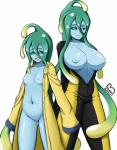 big_breasts breast_size_difference breasts clothed clothing coat featureless_crotch female green_eyes inverted_nipples monster_girl_(genre) navel nipples not_furry open_mouth raincoat simple_background small_breasts solo topwear yellow_raincoat juliantheturtle monster_musume suu_(monster_musume) goo_creature absurd_res hi_res