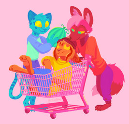 anthro clothed clothing food fruit fully_clothed fur group interspecies looking_at_another markings melon pink_background plant shopping_cart simple_background smile spots spotted_body spotted_fur trio watermelon theblueberrycarrots marc_(theblueberrycarrots) milo_(juantriforce) stephie_(fraydia1) african_wild_dog canid canine cheetah felid feline lynx mammal 2021 hi_res signature