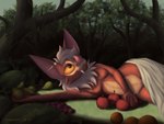 anthro apple bedding biped blanket ear_piercing fangs food forest fruit fur grape grass grey_hair hair holding_object industrial_piercing lying male melon neck_tuft nude on_side orange_eyes piercing plant red_body red_fur solo teeth tree tuft vines watermelon creature_sp rezzybat bat mammal 4:3 absurd_res hi_res shaded signature