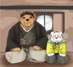 anthro blush brown_body brown_fur clothed clothing duo eyes_closed fully_clothed fur kemono kneeling male overweight overweight_male white_body white_fur snow_utamaru shirokuma_cafe grizzly_(shirokuma_cafe) bear mammal 2014