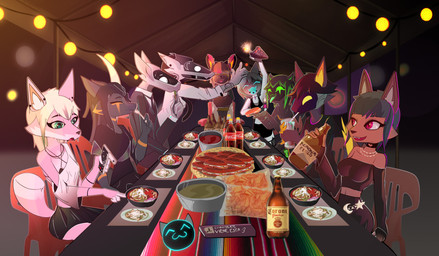 anthro beverage_bottle bottle breasts container detailed_background female food furniture group machine male mexico sitting table text kuwsh coca-cola mythology cherry_francisca ekyzde maffe african_wild_dog canid canine dragon fox mammal mythological_creature mythological_scalie protogen robot robot_anthro scalie synth_(vader-san) absurd_res english_text hi_res