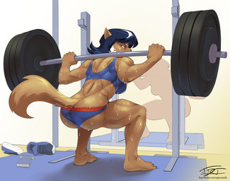 anthro barbell barbell_squats big_breasts big_butt biped black_hair bodily_fluids bra breasts brown_eyes butt clothed clothing crouching exercise female footwear fur hair looking_at_viewer looking_back muscular muscular_anthro muscular_female muscular_thighs shoes simple_background solo sports_bra sports_panties squat_rack squats sweat underwear weightlifting weights workout hardtones pltnm06ghost hanna-barbera swat_kats felina_feral domestic_cat felid feline felis mammal 2018 artist_collaboration digital_media_(artwork)