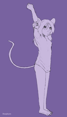 5_fingers anthro armpit_fetish barefoot biped blush blush_lines bottomless clothed clothed_female clothing eyebrows feet female fingers looking_at_viewer nipples plantigrade purple_background rat_tail shirt simple_background solo standing stretching_arms t-shirt tail text thin_tail toes topwear rattfood morgan_(rattfood) mammal murid murine rat rodent absurd_res artist_name digital_drawing_(artwork) digital_media_(artwork) full-length_portrait hi_res monochrome portrait purple_monochrome purple_theme sketch