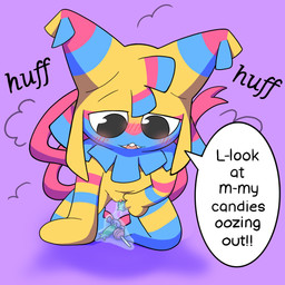 anthro blush blush_lines bodily_fluids candy dessert female food genital_fluids genitals kneeling object_in_pussy open_mouth pinata simple_background solo speech_bubble spread_legs spread_vulva spreading tail teeth text vaginal_fluids vulva lucky_luxio blushcrunch_studio dandy's_world roblox yatta_(dandy's_world) animate_inanimate living_pinata 2026 colored digital_drawing_(artwork) digital_media_(artwork) hi_res shaded