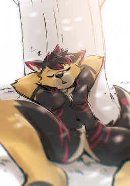 anthro black_body black_fur blurred_foreground fur grass hands_behind_back male markings multicolored_body multicolored_fur plant red_markings shadow simple_background sleeping solo text white_background yellow_arms yellow_body yellow_fur stampmats hi_res