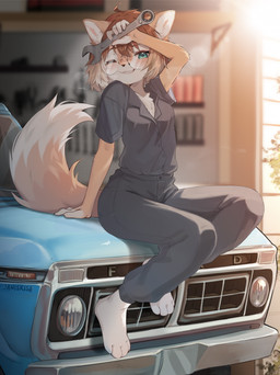 anthro black_clothing black_nose blue_car breasts car chest_tuft clothing dipstick_tail eyewear feet female fur glasses green_eyes grin hair hindpaw kemono light looking_at_viewer markings mechanic multicolored_hair one_eye_closed overalls paws round_glasses short_hair short_sleeved_shirt sitting small_breasts smile solo sunlight tail tail_markings tan_body tan_fur tan_hair text tools tuft vehicle white_hair white_tail_tip workshop wrench janiskisa ford macey_(dogcaller) canid canine canis domestic_dog mammal shiba_inu spitz 2025 artist_name hi_res