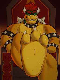 3_toes anthro arm_hair bodily_fluids body_hair bracelet chair chest_hair claws collar dirty dirty_feet eyebrows facial_hair fangs feet foot_fetish foot_focus forearm_hair forearms furniture green_body green_scales hair horn jewelry leg_hair looking_at_viewer male mohawk muscular muscular_male raised_leg red_hair scales shell sitting smile smiling_at_viewer solo spiked_bracelet spiked_collar spikes star_(shape) sweat sweatdrop sweaty_feet teeth thick_eyebrows throne toes vein yellow_body yellow_scales ray_the_wolf mario_bros nintendo bowser koopa scalie 3:4 hi_res story story_at_source story_in_description watermark