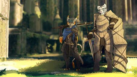 anthro armor black_hair blue_eyes blue_hair clothed clothing duo female fur grey_body grey_fur hair male melee_weapon outside shield sword weapon white_body white_fur yellow_eyes feretta dark_souls fromsoftware mythology artorias_the_abysswalker havel_the_rock nahla toumai_(toumai) avian felid gryphon mammal mythological_avian mythological_creature pantherine tiger 16:9 2022 digital_media_(artwork) hi_res shaded widescreen
