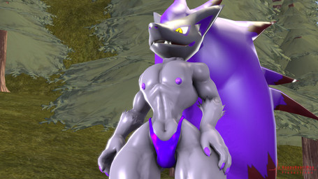 anthro clothing male nipples pokemorph solo speedo swimwear thick_thighs thehappyheartman nintendo pokemon canid canine fox generation_5_pokemon mammal pokemon_(species) zoroark 16:9 3d_(artwork) 4k absurd_res digital_media_(artwork) hi_res source_filmmaker_(artwork) widescreen
