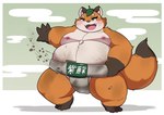 anthro asian_clothing belly big_belly blush clothing east_asian_clothing japanese_clothing kemono leaf male mawashi moobs nipples orange_body overweight overweight_male solo sumo sumo_wrestler kusosensei canid canine fox mammal 2024 hi_res