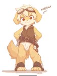 anthro balls belt bottomless bottomless_anthro bottomless_male casual_exposure cheek_tuft chest_tuft circle_eyebrows clock clothed clothing countershade_face countershade_fur countershade_torso countershading crotch_tuft eyebrows eyewear eyewear_on_head facial_tuft flaccid floppy_ears fluffy fluffy_tail footwear foreskin front_view fur genitals gloves goggles goggles_on_head hair hands_on_hips handwear looking_at_viewer male male_anthro penis pocketwatch simple_background sleeveless_shirt smile solo standing tail tan_body tan_fur text toeless_footwear tuft unretracted_foreskin watch white_hair young young_anthro young_male kirlecore canid canine canis domestic_dog mammal 2025 character_name compression_artifacts digital_drawing_(artwork) digital_media_(artwork) full-length_portrait hi_res portrait shaded signature