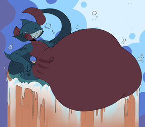 anthro belly big_belly breath bubble fin foam gills hot_tub huge_belly hyper hyper_belly male same_size_vore sharp_teeth simple_background solo teeth vore water isosoupm petey_(eaarachnee) aquatic characiform fish hybrid piranha_(fish) serrasalmid hi_res
