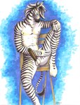 2003 anthro ayame_emaya balls blue_background chair cocky equid equine erection furniture genitals hand_on_knee hand_on_leg hand_on_thigh male mammal nude on_chair signature simple_background sitting sitting_on_chair solo stripes white_background zebra