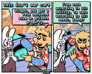 2_panel_comic aloha_shirt anthro beer_bottle blush blush_stickers bottle bow_tie car cheek_spots cigarette cigarette_in_mouth clothing container dialogue duo floppy_ears fur half-closed_eyes humor male narrowed_eyes object_in_mouth overalls pattern_clothing pattern_shirt pattern_topwear shirt smoking_tobacco speech_bubble teeth text tooth_gap topwear vehicle white_body white_fur yellow_body yellow_fur rawdawgcomics bingus_(rawdawgcomics) stahli_(rawdawgcomics) bird_dog canid canine canis domestic_dog golden_retriever hunting_dog lagomorph leporid mammal rabbit retriever 5:4 english_text