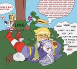 absurd_res ambiguous_penetration asking_for_help asking_to_stop captainkirb clothed clothed_sex clothing controller dry_humping duo english_text ezlo forced fully_clothed grass group hi_res humanoid hylian link male male/male mind_control minish minish_cap nintendo outside penetration plant princess_zelda rape remote_control sex spiral_eyes text the_legend_of_zelda tree vaati voyeur