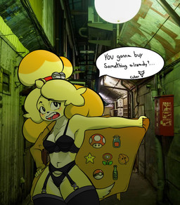 anthro beverage black_bra black_clothing black_eyes black_legwear black_panties black_stockings black_underwear blush blush_lines bottle bra breasts cleavage clothed clothing container dialogue eyelashes female fire_extinguisher fire_flower front_view fungus fur garter_belt garter_straps hand_on_hip legwear lingerie long_eyelashes looking_at_viewer mushroom navel open_mouth open_trenchcoat panties photo_background pipe pokeball soda solo speech_bubble standard_pokeball stockings super_leaf super_mushroom super_star talking_to_viewer text thick_thighs underwear white_body white_fur wide_hips wire yellow_body yellow_fur thecybercerbrus animal_crossing mario_bros nintendo pokemon isabelle_(animal_crossing) canid canine canis domestic_dog mammal shih_tzu toy_dog digital_media_(artwork) english_text hi_res mixed_media photography_(artwork)