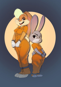 angry anthro barefoot blonde_hair blue_eyes bound breast_size_difference breasts buckteeth chain chained clothed clothing cuff_(restraint) duo ears_down feet female frown fully_clothed fur gloves hair handcuffed handcuffs handwear metal_cuffs multicolored_body multicolored_fur open_mouth open_smile orange_jumpsuit pivoted_ears plantigrade prison_uniform prisoner purple_eyes restrained restraints shackles simple_background size_difference small_breasts smile teeth two_tone_body two_tone_fur lokpik disney looney_tunes warner_brothers zootopia judy_hopps lola_bunny lagomorph leporid mammal rabbit crossover hi_res