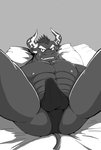 anthro bed black_body black_fur briefs butt clothing fur furniture genitals hair horn male muscular muscular_anthro muscular_male nipples penis smile solo underwear orange-lin orange_lin lifewonders tokyo_afterschool_summoners gyumao_(tas) bovid bovine mammal absurd_res alternate_version_at_source hi_res monochrome