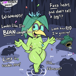 anthro bathing bean bean_kappa blush comedic convenient_censorship embarrassed eyewear female gesture glasses green_body humor looking_at_viewer navel nude pond shallow_water shrug skinny_dipping text toony puchipi asian_mythology east_asian_mythology japanese_mythology mythology senftember2025 kappa yokai 1:1 english_text
