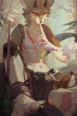 4_toes anthro black_bottomwear black_clothing black_horn black_loincloth bottomwear bulge cheek_tuft claws clothed clothing facial_markings facial_tuft feet finger_to_mouth fur grey_body grey_fur head_markings horn jewelry loincloth looking_at_viewer male markings navel necklace orange_eyes outside pawpads paws pink_pawpads sitting smile solo toe_claws toes topless tuft unsigned white_body white_fur carbonizedaki canid canine hybrid mammal 2022 digital_media_(artwork) digital_painting_(artwork) painting_(artwork)
