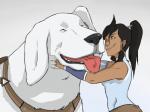 blue_eyes clothing duo female hair open_mouth ponytail size_difference smile tongue thelivingmachine02 avatar:_the_last_airbender nickelodeon the_legend_of_korra korra naga_(korra) bear canid canine canis domestic_dog human hybrid mammal polar_bear polar_bear_dog ursine 4:3