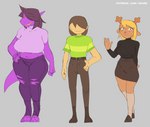 anthro breasts curvy_figure female group male male/female purple_body trio voluptuous conditional_dnp svarz deltarune undertale_(series) kris_(deltarune) noelle_holiday susie_(deltarune) deer human mammal monster scalie 2024 hi_res model_sheet