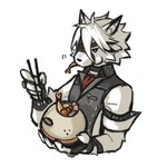 anthro ascot butler chopsticks clothing eating fingerless_gloves fur gloves handwear harness leather leather_harness male shrimp_(food) solo topwear vest white_body white_fur huwalli mihoyo zenless_zone_zero von_lycaon canid canine canis mammal wolf 1:1 hi_res