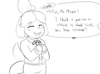 4_fingers anthro bottomwear clothed clothing female fingers fur furgonomics greeting hair happy open_mouth shirt skirt solo tail tail_motion tail_through_skirt tailwag teeth text tongue topwear waynekan animal_crossing nintendo isabelle_(animal_crossing) canid canine canis domestic_dog mammal toy_dog absurd_res english_text hi_res monochrome