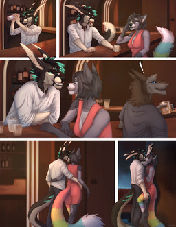 alcohol anthro bar bartender beverage blue_eyes clothed clothing container cup dress drinking_glass female fully_clothed fur glass glass_container glass_cup green_eyes kissing male male/female multicolored_body multicolored_fur sharp_teeth smile smiling_at_another teeth zumjakal nikolai_(kiotske) stormbreak zum_(zumjakal) canid canine canis jackal mammal sergal wolf comic hi_res