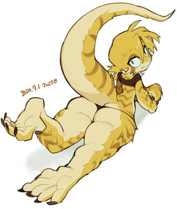 anthro big_butt black_clothing black_shirt black_thong black_topwear black_underwear blonde_hair butt clothing crop_top crossed_arms eyelashes female hair looking_at_viewer looking_back looking_back_at_viewer lying markings on_front raised_leg shirt simple_background solo striped_body striped_markings stripes thick_thighs thong topwear underwear white_background wide_hips yellow_body yellow_eyes sanjiro futago_gigami-chan crested_gecko gecko lizard reptile scalie 2024 dated hi_res