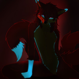 ambiguous_gender anthro black_nose blue_hands blue_markings blue_tail_tip claws dipstick_tail fur glowing glowing_eyes glowing_markings hair inner_ear_fluff looking_at_viewer markings multi_tail multicolored_body multicolored_fur nude_anthro pawpads pink_eyes pose pupils red_body red_hair red_tail rim_light simple_background sitting slit_pupils solo spread_legs spreading tail tail_markings tuft white_claws yellow_body yellow_inner_ear_fluff yellow_pawpads red_the_kitsune red_(red_the_kitsune) canid canine fox mammal 1:1 2025 dark_theme digital_drawing_(artwork) digital_media_(artwork) hi_res portrait restricted_palette shaded three-quarter_portrait watermark