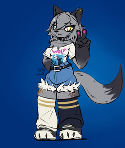 anthro black_ears blue_clothing clothed clothing ear_piercing ear_ring female fur gesture grey_arms grey_body grey_fur grey_legs grey_tail hand_gesture happy heterochromia high_waisted_bottomwear leg_warmers legwear looking_at_viewer piercing pose ring_piercing smile solo standing tail topwear v_sign white_clothing white_topwear urbanfoxgamer epic_games fortnite wolfie_(fortnite) canid canine canis mammal wolf 2025 full-length_portrait hi_res portrait