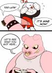 2017 4_fingers absurd_res animate_inanimate anthro bendy_straw bodily_fluids clothed clothing comic container cup cuphead_(character) cuphead_(game) dialogue digital_media_(artwork) disembodied_hand domestic_pig drinking_straw duo english_text fingers for_a_head gloves handwear hi_res humanoid larger_male male mammal marl-pigface object_head overweight overweight_male size_difference smaller_male suid suina sus_(pig) sweat text wallet