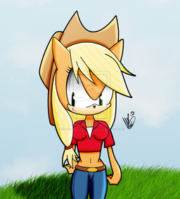 anthro anthrofied blonde_hair clothing cowboy_hat detailed_background female green_eyes hair hat headgear headwear long_hair outside solo toony alexthf friendship_is_magic hasbro my_little_pony sega sonic_the_hedgehog_(series) applejack_(mlp) earth_pony equid equine horse mammal pony 2011 distracting_watermark source_request watermark