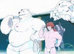 anthro asian_clothing black_nose bulge clothing east_asian_clothing eyes_closed fundoshi fur group humanoid_hands japanese_clothing kemono male overweight overweight_male towel underwear white_body white_fur chisa_sa bear canid canine canis domestic_dog human mammal polar_bear ursine 2011