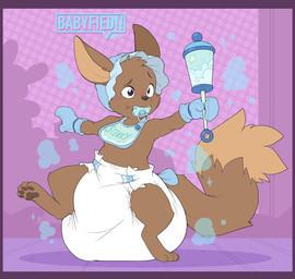 4_toes accessory ambiguous_gender anthro bib big_diaper black_pawpads blue_bonnet blue_clothing blue_handwear blue_pacifier blue_ribbon blush blush_lines bondage_gear bondage_gloves bonnet border brown_body brown_fur brown_inner_ear clothed clothing diaper dipstick_tail dotted_background feces feet fur furgonomics handwear headgear headwear huge_diaper magic markings object_in_mouth on_one_leg pacifier pacifier_in_mouth pattern_background pawpads plushie poof_effect purple_border rattle ribbons simple_background snaggle_tooth soiled_diaper soiling solo sparkles standing tail tail_accessory tail_markings tail_ribbon text text_box toes unclean_diaper used_diaper wavy_mouth wearing_diaper white_diaper bubblepuppers andrew_(bodiasexual) canid canine mammal english_text hi_res