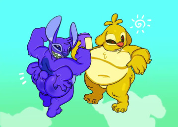 4_arms 4_fingers 4_toes antennae_(anatomy) anthro belly big_butt blue_body blue_claws blue_fur blue_nose brown_claws bubble_butt butt claws duo eating fat_upper_pubic_area featureless_crotch feet fingers flexing food fur hand_on_butt male male/male multi_arm multi_limb navel nude overweight overweight_male red_nose sandwich_(food) standing toes yellow_body yellow_fur submarine_screw disney lilo_and_stitch reuben_(lilo_and_stitch) stitch_(lilo_and_stitch) alien experiment_(lilo_and_stitch) 2023 2d_animation animated frame_by_frame loop no_sound short_playtime video