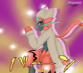 anthro blue_eyes clothing fangs fur hoodie lights male multicolored_body multicolored_fur one_leg_up open_mouth raised_leg red_body red_fur simple_background solo teeth text topwear two_tone_body two_tone_fur dennhaze nintendo pokemon generation_7_pokemon legendary_pokemon pokemon_(species) zeraora 2021 english_text hi_res japanese_text signature