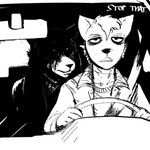 1:1 anthro black_and_white black_eyes blood bodily_fluids canid canine canis car carol_(hladilnik) clothing daniel_(hladilnik) dialogue domestic_dog driving english_text female hi_res hladilnik humor inside_car inside_vehicle male mammal monochrome pupils text vehicle white_pupils wolf