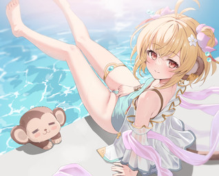 ahoge barefoot blonde_hair chibi clothed clothing duo feet female feral genitals hair pussy_floss sitting vulva water kimblee_(artist) cygames granblue_fantasy andira_(granblue_fantasy) animal_humanoid haplorhine humanoid mammal mammal_humanoid monkey monkey_humanoid primate primate_humanoid 2022 hi_res