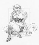 anthro biped clothed clothing female hair leather long_hair looking_at_viewer sitting skimpy solo tail thetiedtigress domestic_cat felid feline felis mammal 2010 monochrome sketch